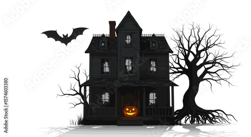 A spooky haunted house with a bat flying by and a jack o lantern on the porch