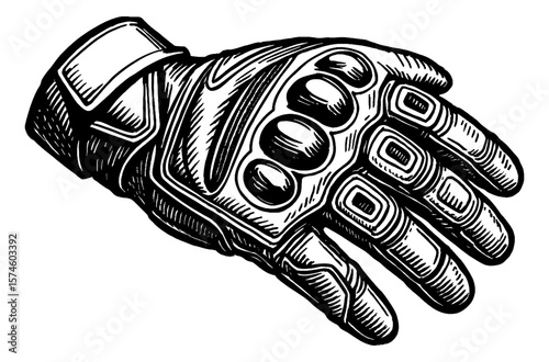 Engraved Illustration of a Black and White Motorcycle Glove with Knuckle Protection