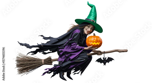 A witch riding a broomstick holding a pumpkin with a bat hanging from it seen