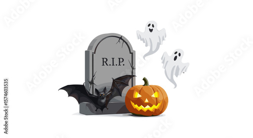 Illustration of halloween scene with tombstone, bat, pumpkin and floating ghosts