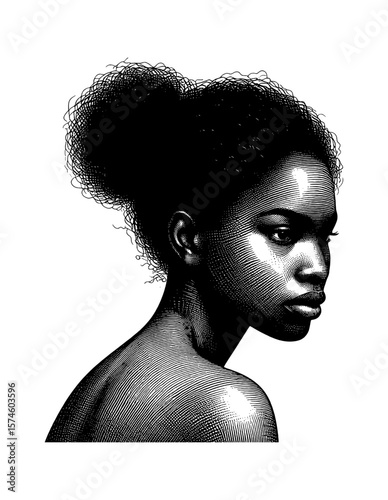 Portrait of African American Woman with Serious Expression in Engraved Style Black and White