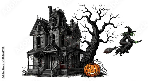 Halloween scene featuring haunted house, witch on broom, tree and jack o lantern