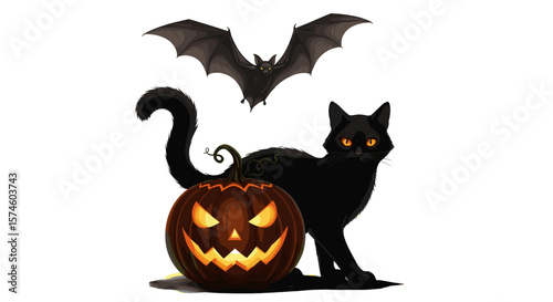 Illustration of a black cat with a pumpkin and a bat for halloween season art