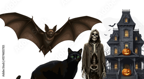 A halloween scene with a bat, black cat, skeleton, haunted house and pumpkins