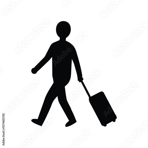 A simple black silhouette of a person walking while pulling a suitcase.