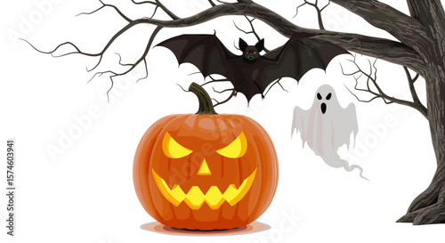 A halloween scene featuring a pumpkin, a ghost, and a bat under a spooky tree