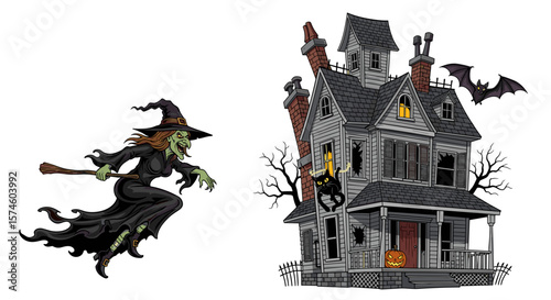 A witch on a broomstick flies near a spooky haunted house with a bat flying near