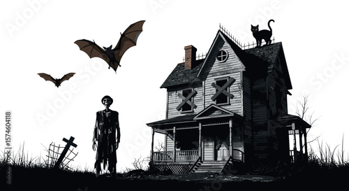 A spooky scene with a haunted house, bats, a zombie, and a black cat on the roof