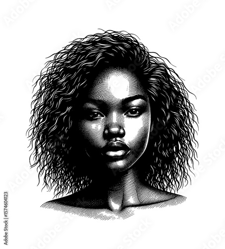 Portrait of serious African American woman with curly hair in detailed black and white illustration