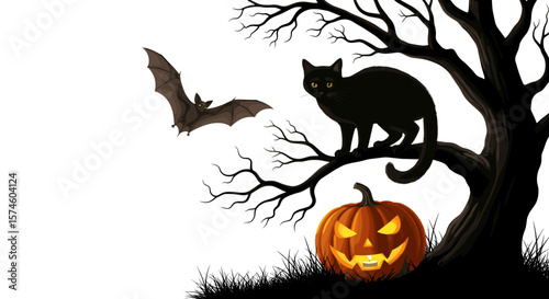 A halloween scene featuring a black cat, bat, jack o lantern, and a bare tree