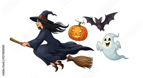 A witch on a broom with a pumpkin bat and ghost for halloween celebration art