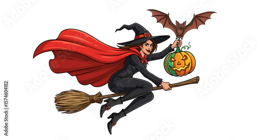 A cartoon witch flying on a broomstick holding a bat and a jack o lantern aloft