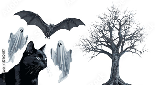 A halloween scene featuring a black cat, ghosts, a bat and a bare tree image.