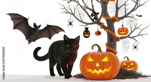 Halloween scene with black cat, bat, pumpkins, tree and hanging decorations