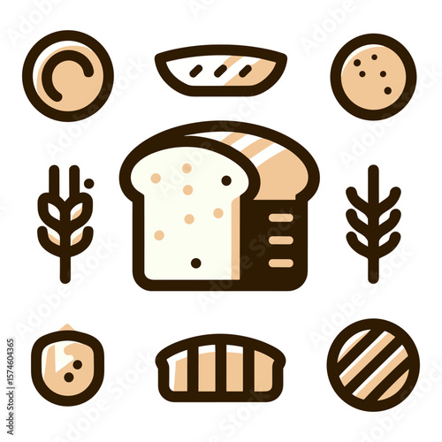 Illustration of various bread types and ingredients arranged artistically on a white background
