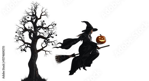 Silhouette of a witch flying on a broomstick with a pumpkin beside a bare tree