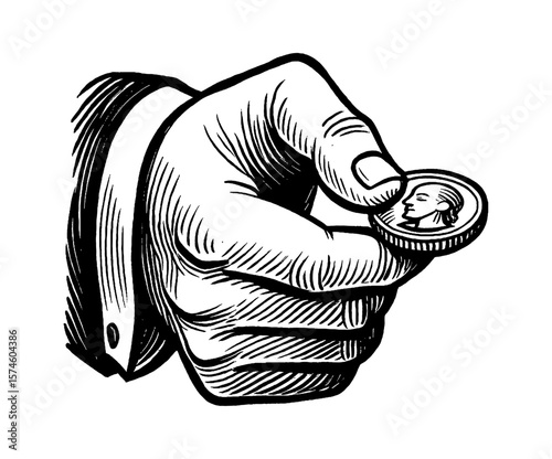 Hand holding a coin with a face in detailed black and white engrave style line art drawing