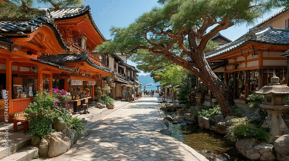 Fototapeta premium A japanese street lined with traditional shops and buildings.