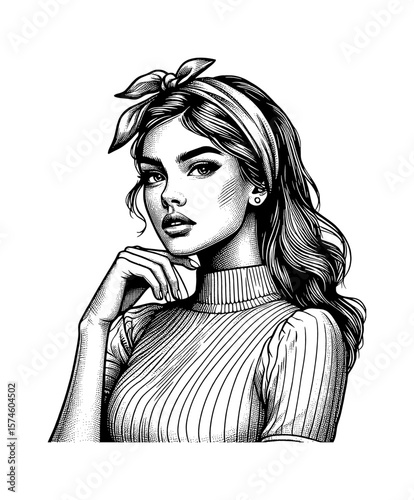 Portrait of a serious woman wearing headscarf and turtleneck in monochrome engraving art