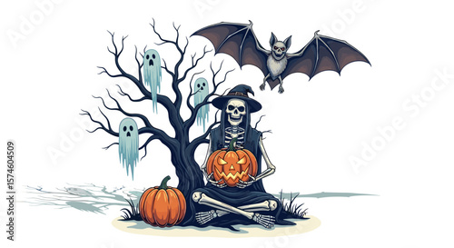 Skeleton with pumpkin, bat, and ghosts by a tree in a halloween themed scene
