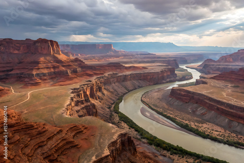 Aerial shot displays the rocky terrains and river