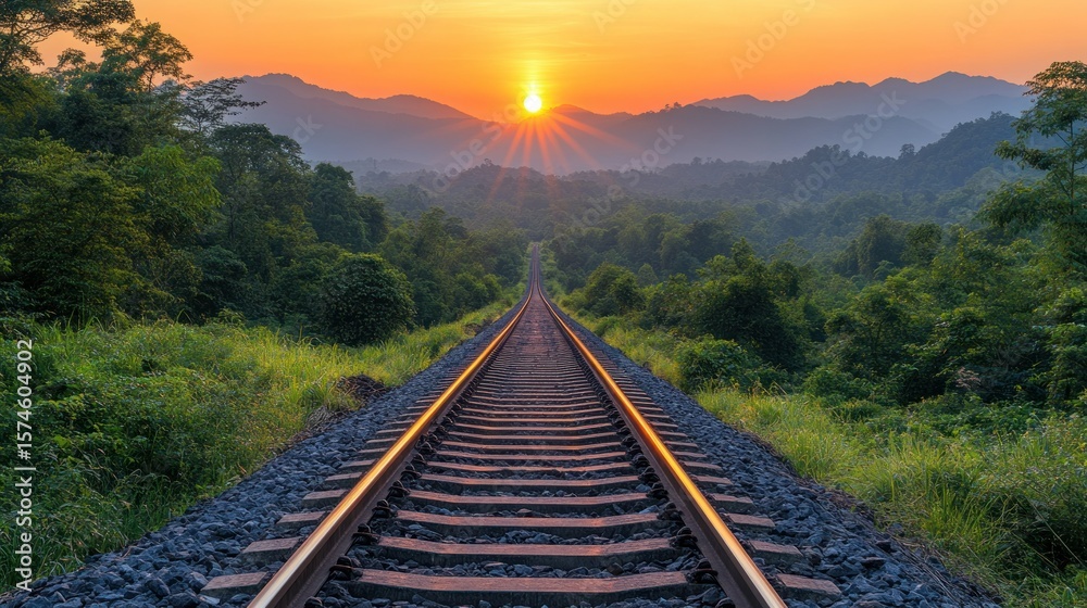 Obraz premium Railroad tracks leading to a vibrant sunset over lush mountains