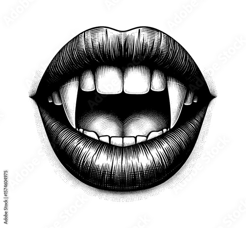 Vampire Mouth with Fangs Open in Black and White Engraving Style Vector Illustration