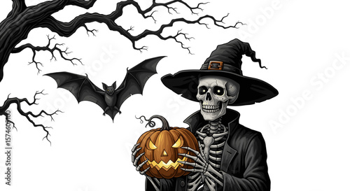A spooky halloween scene featuring a skeleton witch holding a pumpkin and a bat