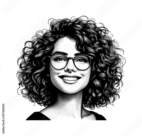 Portrait of a smiling woman with glasses and curly hair in black and white engraving style