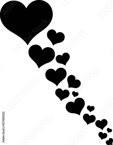 Black hearts cascading against a white background minimalist illustration
