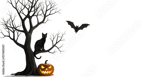 A spooky halloween scene featuring a black cat, bat, tree and a jack o lantern