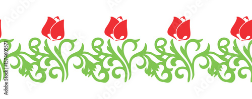 Islamic tulip, floral geometry. Tatar seamless pattern. Culture of the Tatar people, symbols of green and red