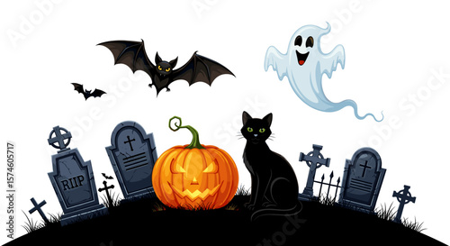 Halloween scene with black cat pumpkin bats ghost and tombstones in a graveyard