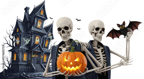 Two skeletons holding a pumpkin with a haunted house and bats in background