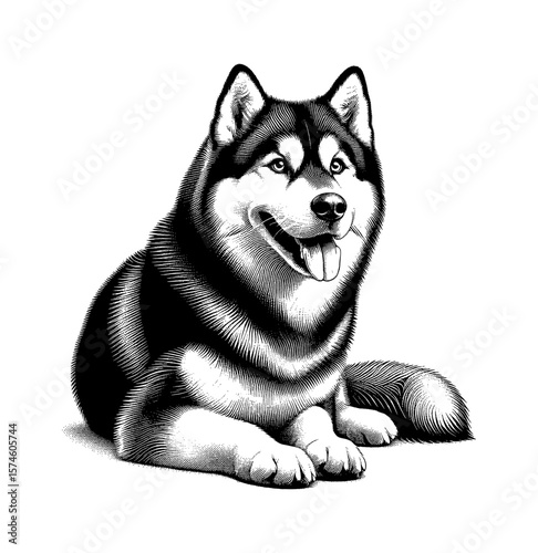 Illustration of Black and White Alaskan Malamute Dog Sitting with Tongue Out in Engraved Style