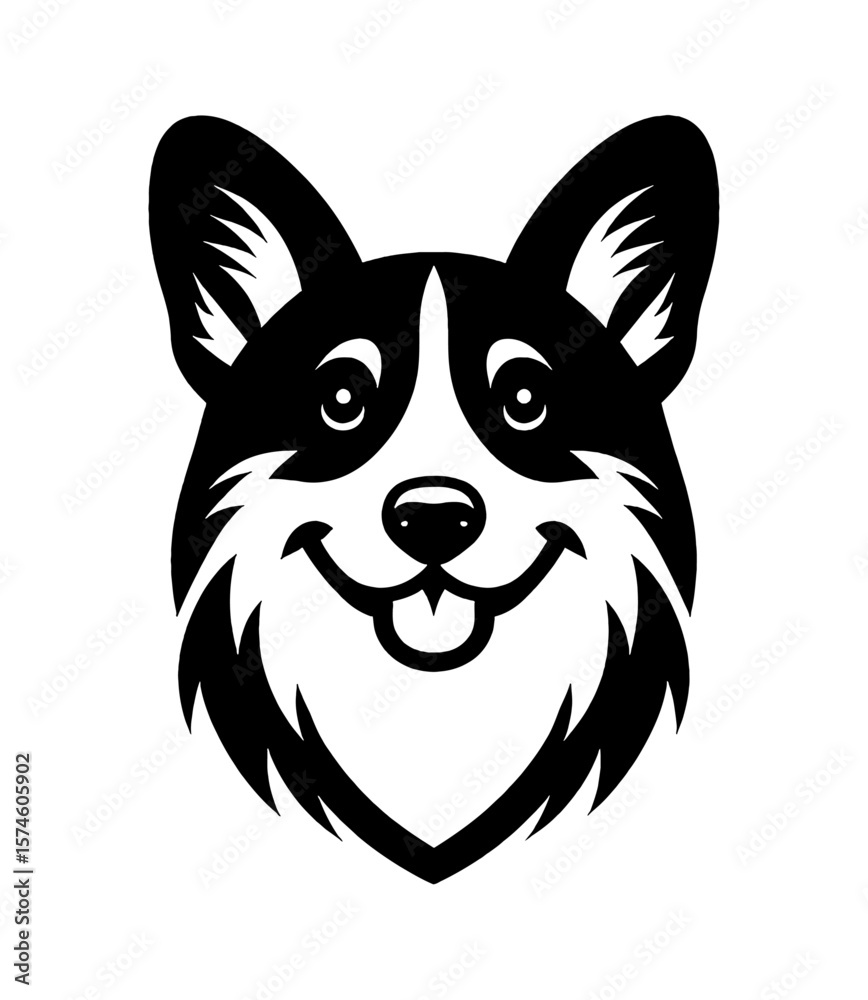 Naklejka premium Cute Corgi Dog Head with Smiling Expression in Black and White Simple Vector Illustration