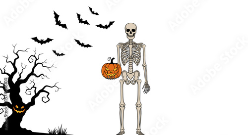 A skeleton holding a jack o lantern with bats and a spooky tree on halloween night