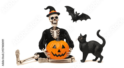Halloween scene with skeleton wearing hat holding pumpkin next to black cat bat