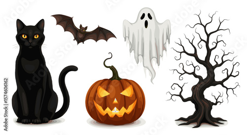 Halloween themed illustration featuring a cat bat ghost pumpkin and bare tree