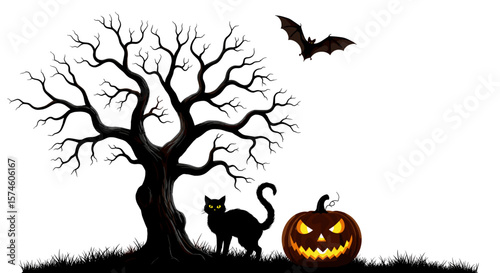 A spooky halloween scene featuring a tree cat pumpkin and bat silhouette design