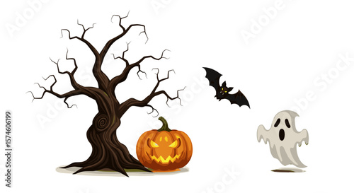 Illustration of a spooky tree with a pumpkin, a bat, and a ghost for halloween