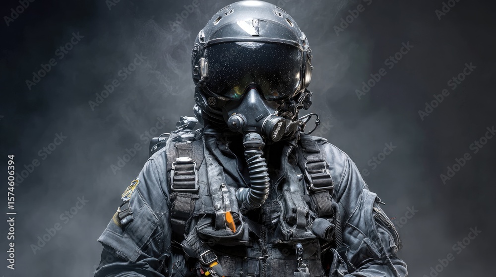 Fototapeta premium A man in black anti-g gear with rockets, front view, Unreal style, dark, dramatic, mysterious lighting. 