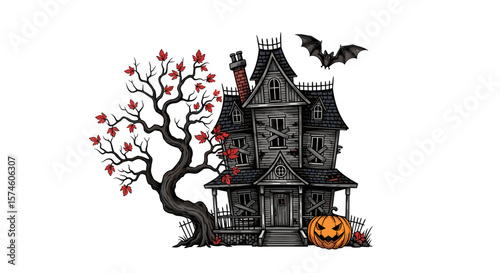 A spooky haunted house with a bare tree, a bat, and a jack o lantern for halloween