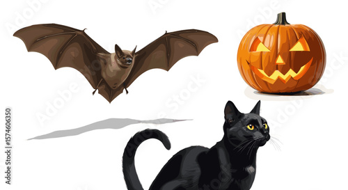 Illustration of a bat, a jack o lantern, and a black cat for halloween theme art