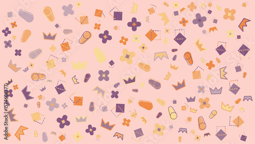Pink pattern shows crowns flowers shapes and capsules. Vector illustration for presentation, creative project, and poster.