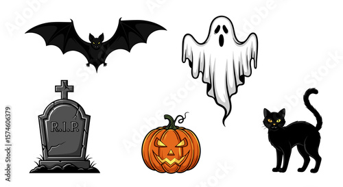 Halloween themed illustration featuring a bat, ghost, tombstone, pumpkin, and cat