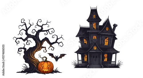 Illustration of a spooky haunted house, a bare tree, a bat, and a jack o lantern