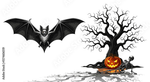 Illustration of a bat, tree, pumpkin, and skeleton for halloween imagery theme