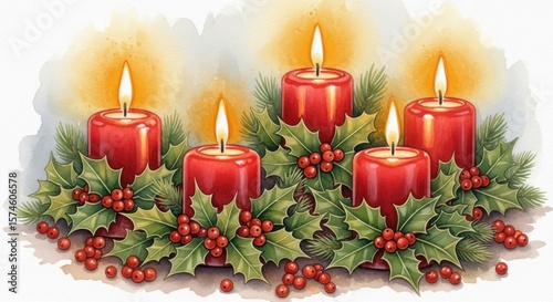 Festive Red Candles Adorned with Greenery and Red Berries