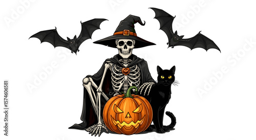 A skeleton in a witch hat with a black cat pumpkin and bats for halloween art